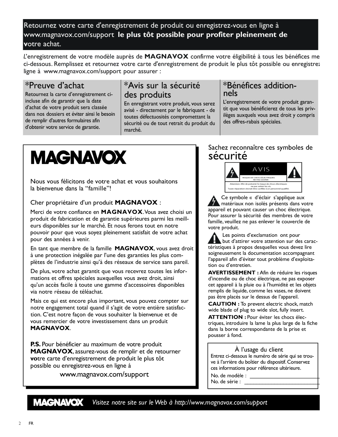 Magnavox 47MF439B user manual En enregistrant votre produit, vous serez, Tit que vous bénéficierez de tous les priv 