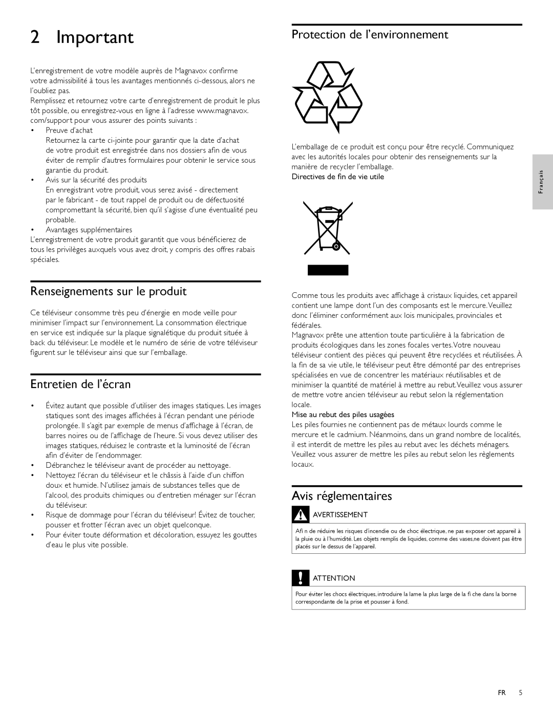 Magnavox 47MF439B Renseignements sur le produit, Entretien de l’écran, Protection de l’environnement, Avis réglementaires 