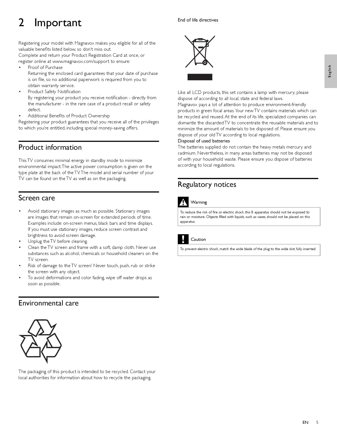 Magnavox 47MF439B Product information, Screen care, Regulatory notices, Environmental care, Disposal of used batteries 