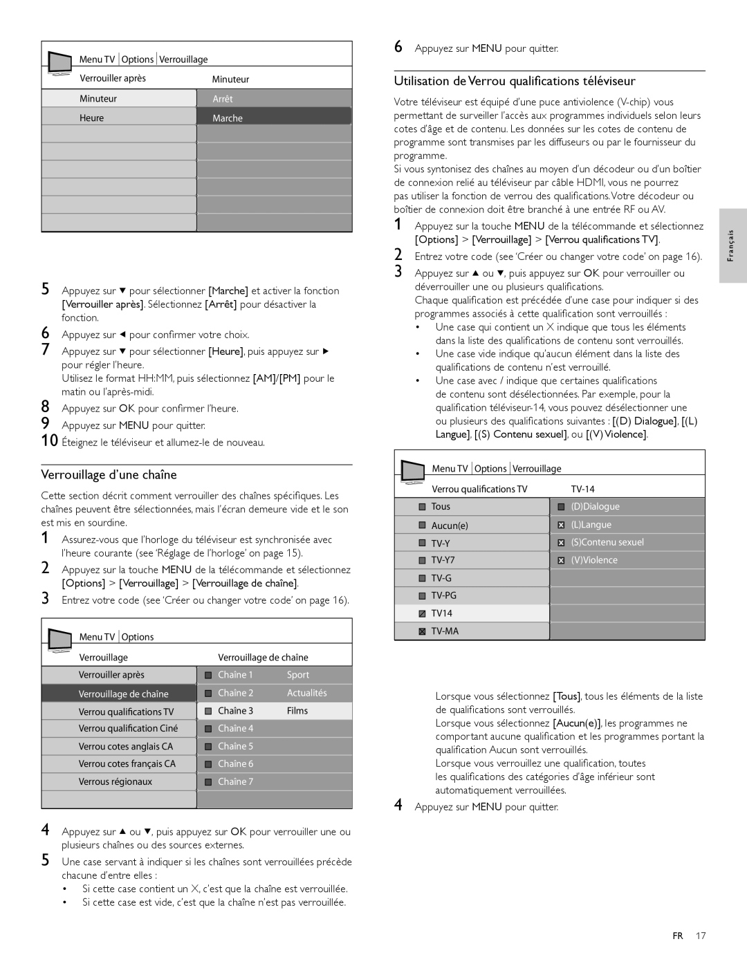 Magnavox 47MF439B user manual Verrouillage d’une chaîne, Utilisation de Verrou qualiﬁcations téléviseur 