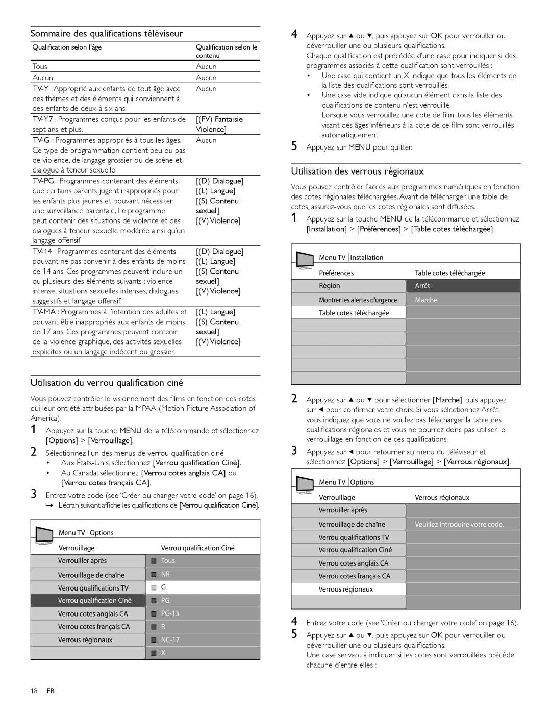 Magnavox 47MF439B user manual Sommaire des qualiﬁcations téléviseur, Utilisation du verrou qualiﬁcation ciné 