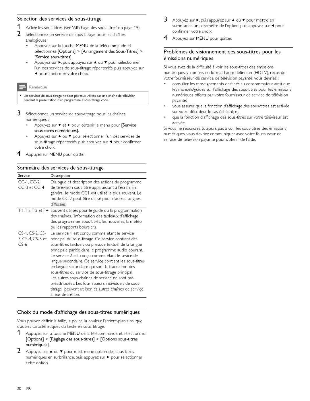 Magnavox 47MF439B user manual Sélection des services de sous-titrage, Sommaire des services de sous-titrage 