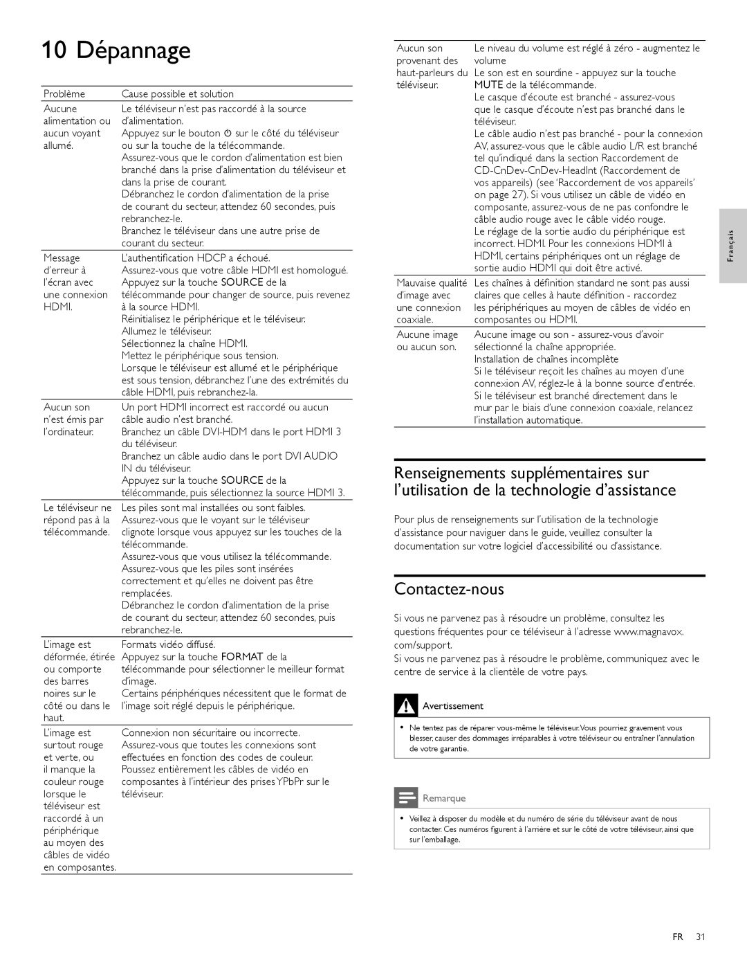 Magnavox 47MF439B user manual 10 Dépannage, Contactez-nous 