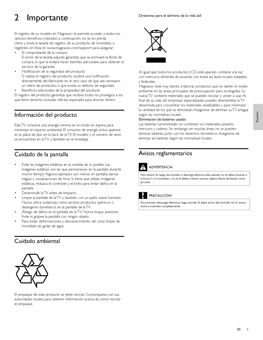 Magnavox 47MF439B Importante, Información del producto, Cuidado de la pantalla, Avisos reglamentarios, Cuidado ambiental 