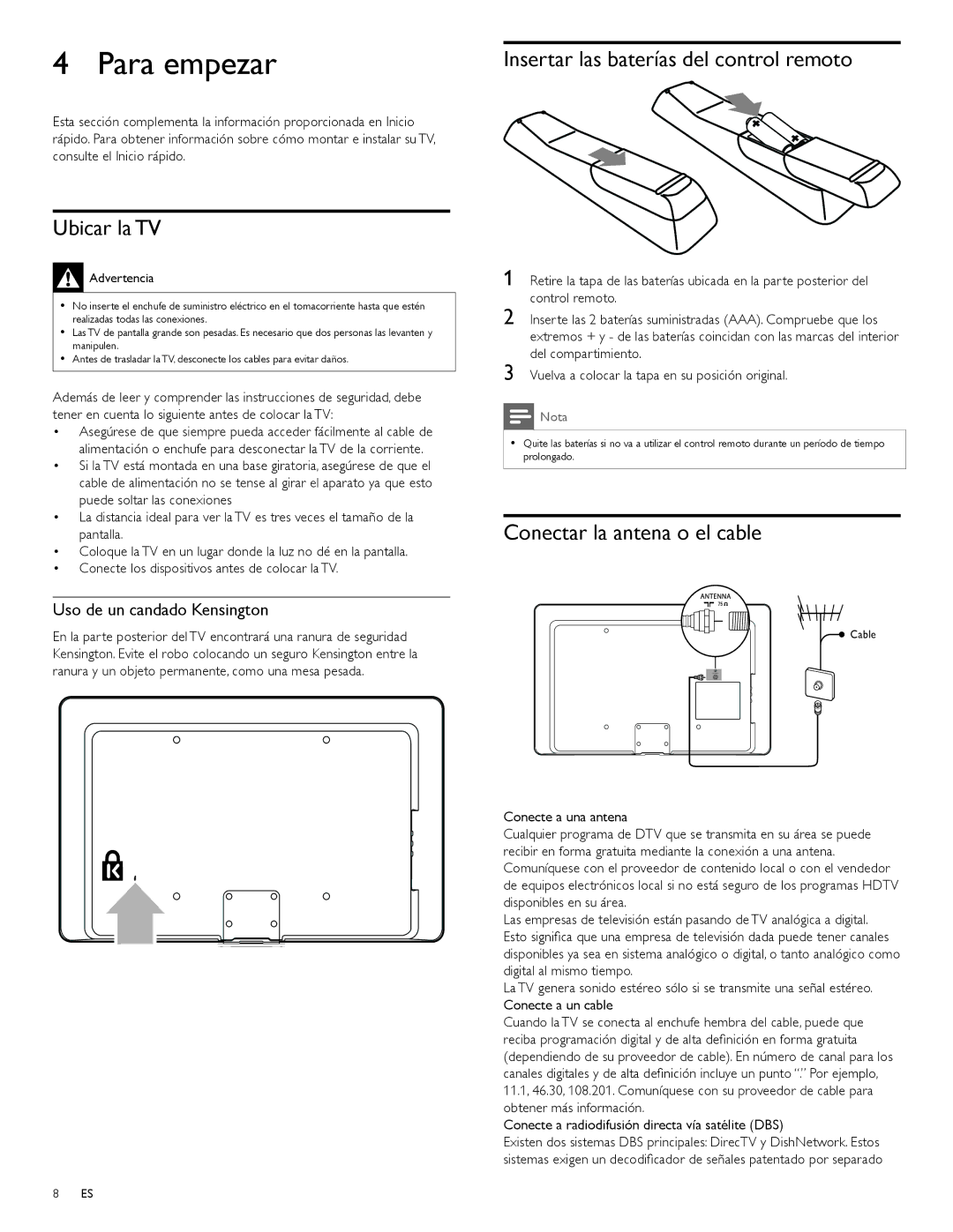 Magnavox 47MF439B Para empezar, Ubicar la TV, Insertar las baterías del control remoto, Conectar la antena o el cable 