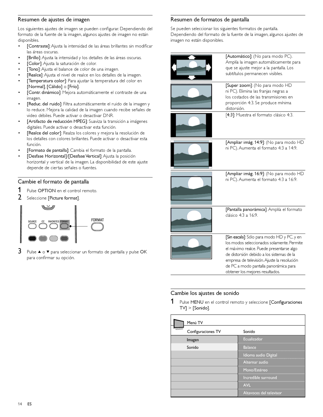 Magnavox 47MF439B user manual Resumen de ajustes de imagen, Cambie el formato de pantalla, Resumen de formatos de pantalla 