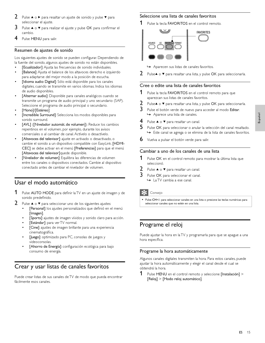 Magnavox 47MF439B user manual Usar el modo automático, Crear y usar listas de canales favoritos, Programe el reloj 