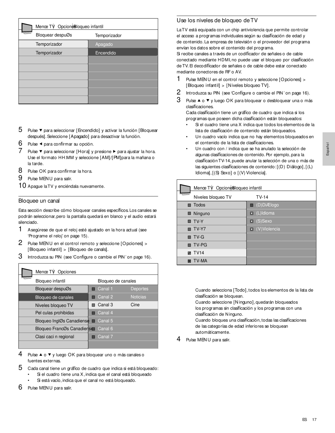 Magnavox 47MF439B user manual Bloquee un canal, Use los niveles de bloqueo de TV, Bloqueo infantil Bloqueo de canals 