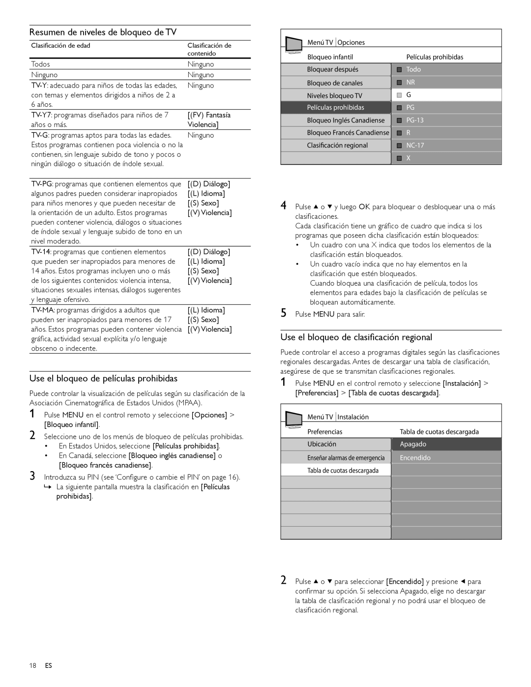 Magnavox 47MF439B user manual Resumen de niveles de bloqueo de TV, Use el bloqueo de películas prohibidas 