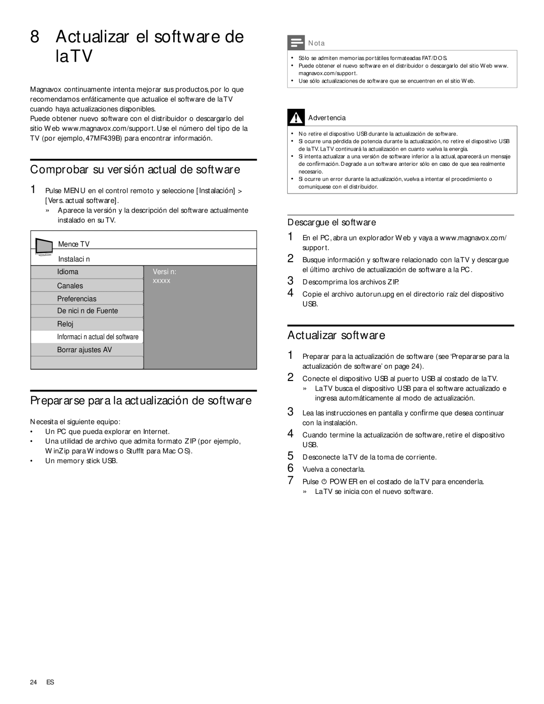 Magnavox 47MF439B user manual Actualizar el software de la TV, Comprobar su versión actual de software, Actualizar software 