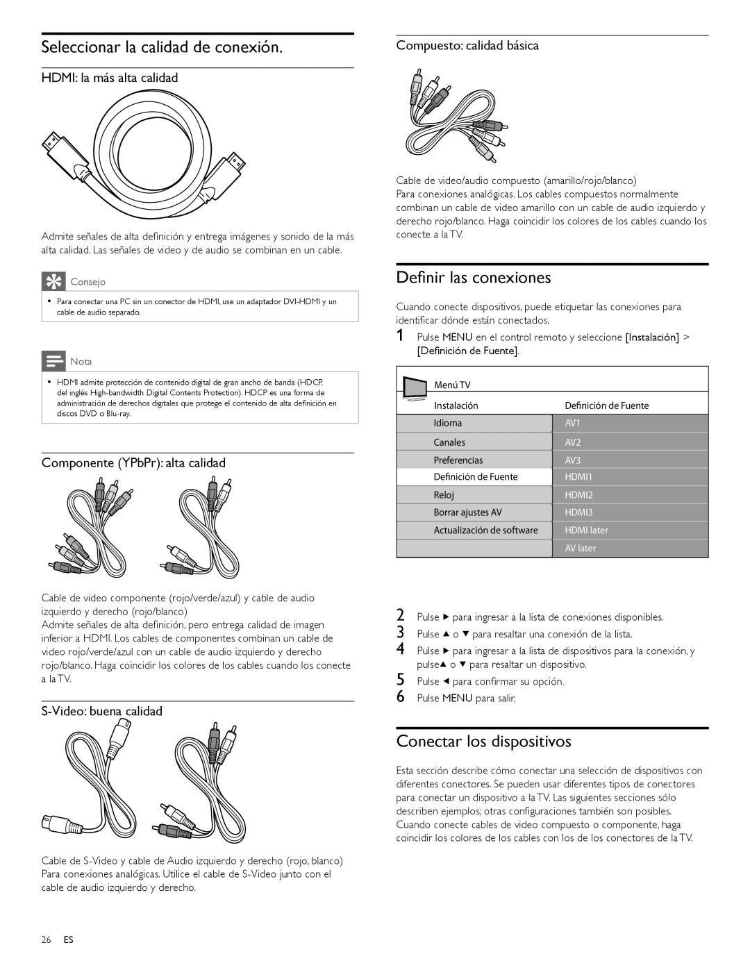 Magnavox 47MF439B user manual Seleccionar la calidad de conexión, Deﬁnir las conexiones, Conectar los dispositivos 