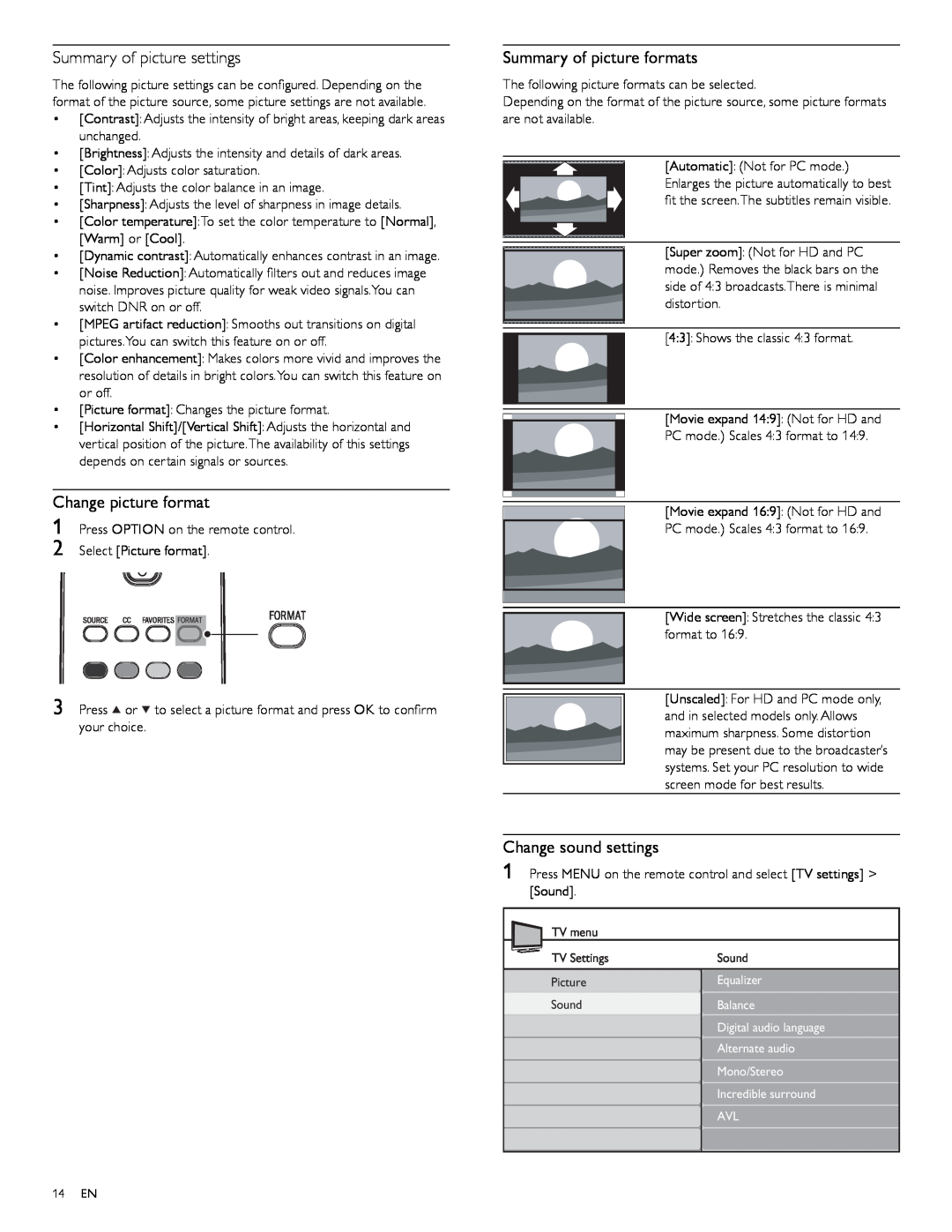 Magnavox 47MF439B Summary of picture settings, Change picture format, Summary of picture formats, Change sound settings 