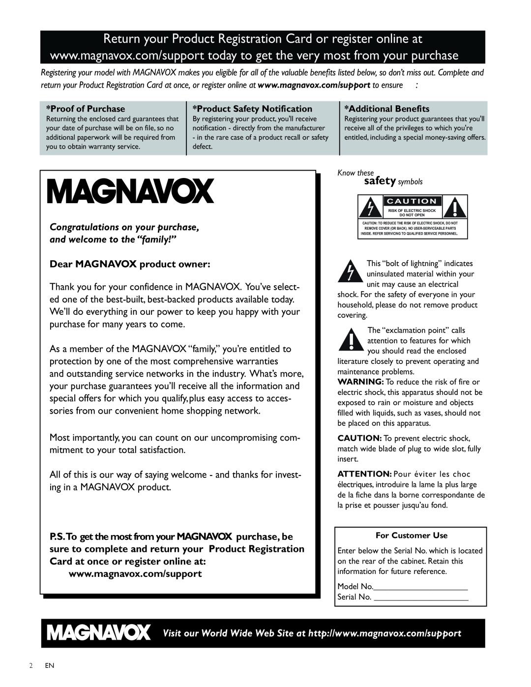 Magnavox 47MF439B user manual safety symbols, Dear MAGNAVOX product owner 