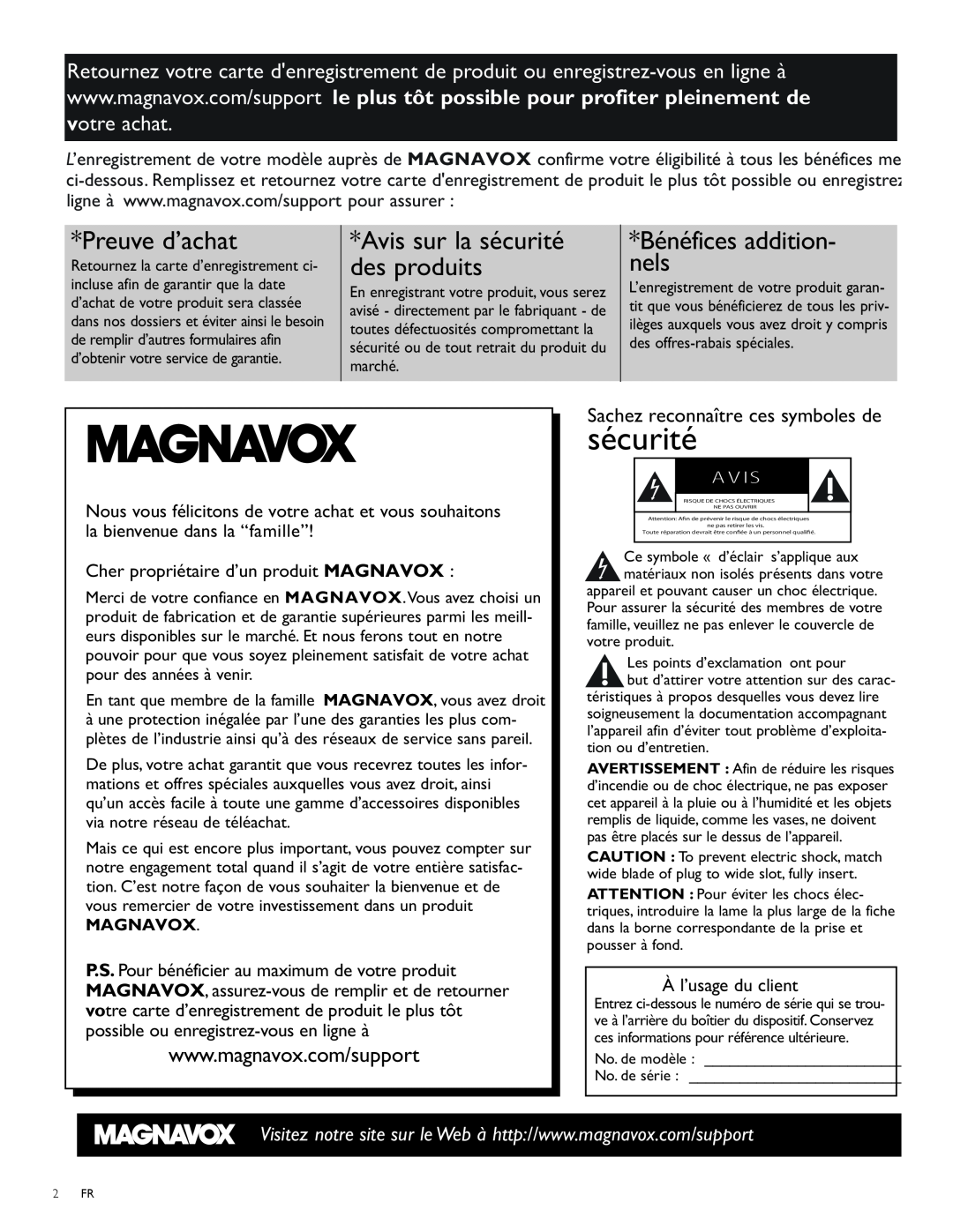 Magnavox 47MF439B Sachez reconnaître ces symboles de, Preuve d’achat, Avis sur la sécurité, Bénéfices addition, nels 