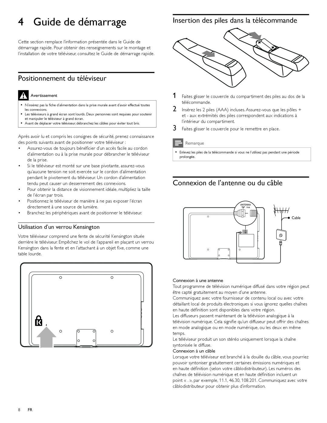 Magnavox 47MF439B user manual Guide de démarrage, Insertion des piles dans la télécommande, Positionnement du téléviseur 