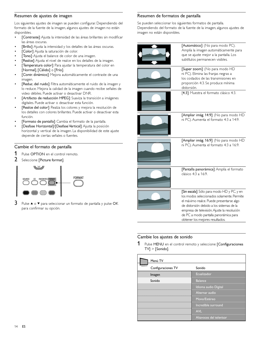 Magnavox 47MF439B user manual Resumen de ajustes de imagen, Cambie el formato de pantalla, Resumen de formatos de pantalla 