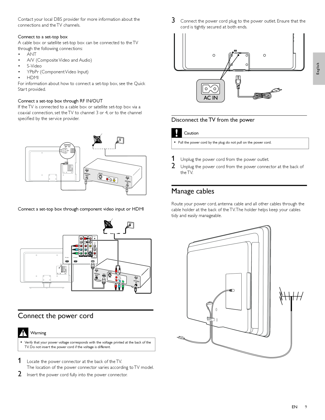 Magnavox 47MF439B user manual Manage cables, Connect the power cord, Disconnect the TV from the power 
