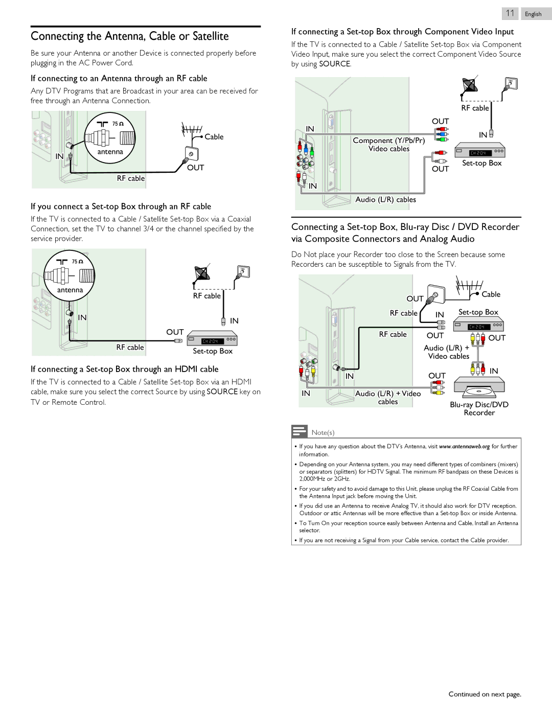 Magnavox 46ME313V/F7 A, 50ME313V/F7 A owner manual Connecting the Antenna, Cable or Satellite, Out 