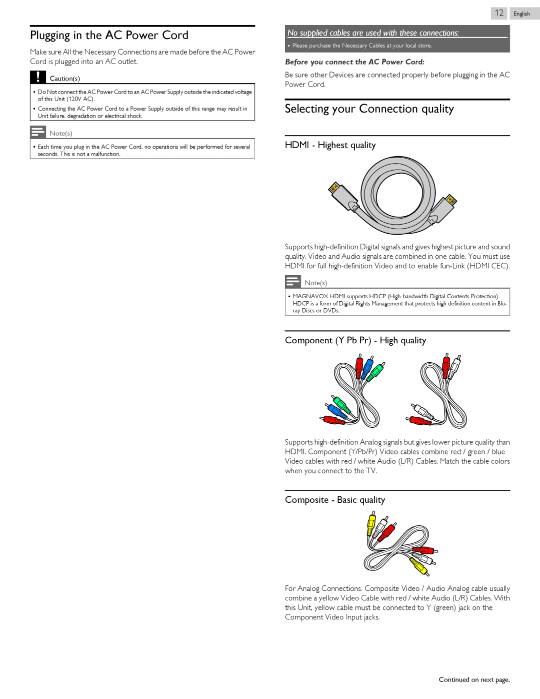 Magnavox 50ME313V/F7 A owner manual Plugging in the AC Power Cord, Selecting your Connection quality, Hdmi Highest quality 