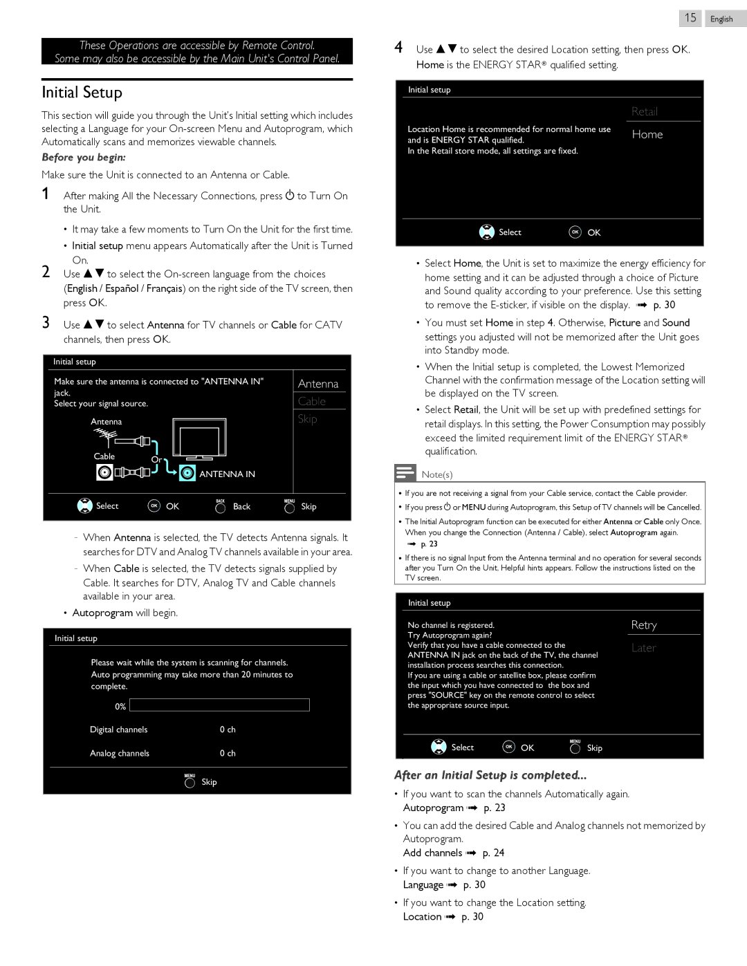 Magnavox 46ME313V/F7 A, 50ME313V/F7 A owner manual Initial Setup, Retry 