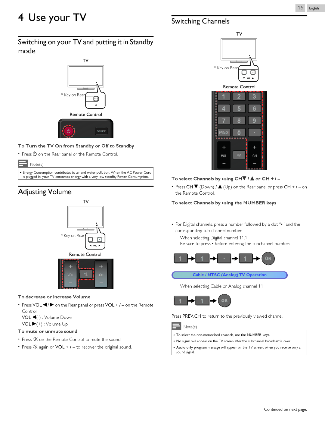 Magnavox 50ME313V/F7 A, 46ME313V/F7 A Use your TV, Switching on your TV and putting it in Standby mode, Adjusting Volume 