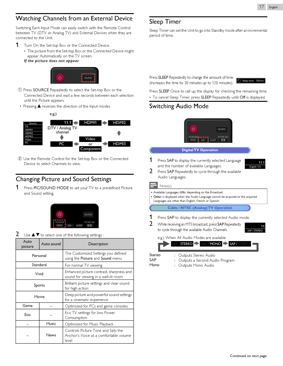 Magnavox 46ME313V/F7 A, 50ME313V/F7 A Watching Channels from an External Device, Sleep Timer, Switching Audio Mode, Sap 