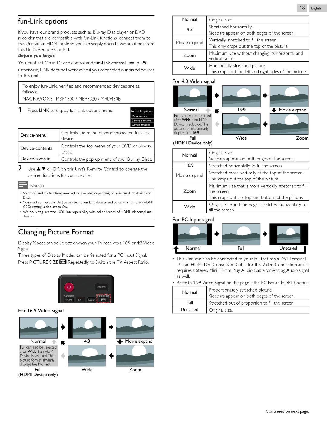 Magnavox 50ME313V/F7 A, 46ME313V/F7 A owner manual Fun-Link options, Changing Picture Format 