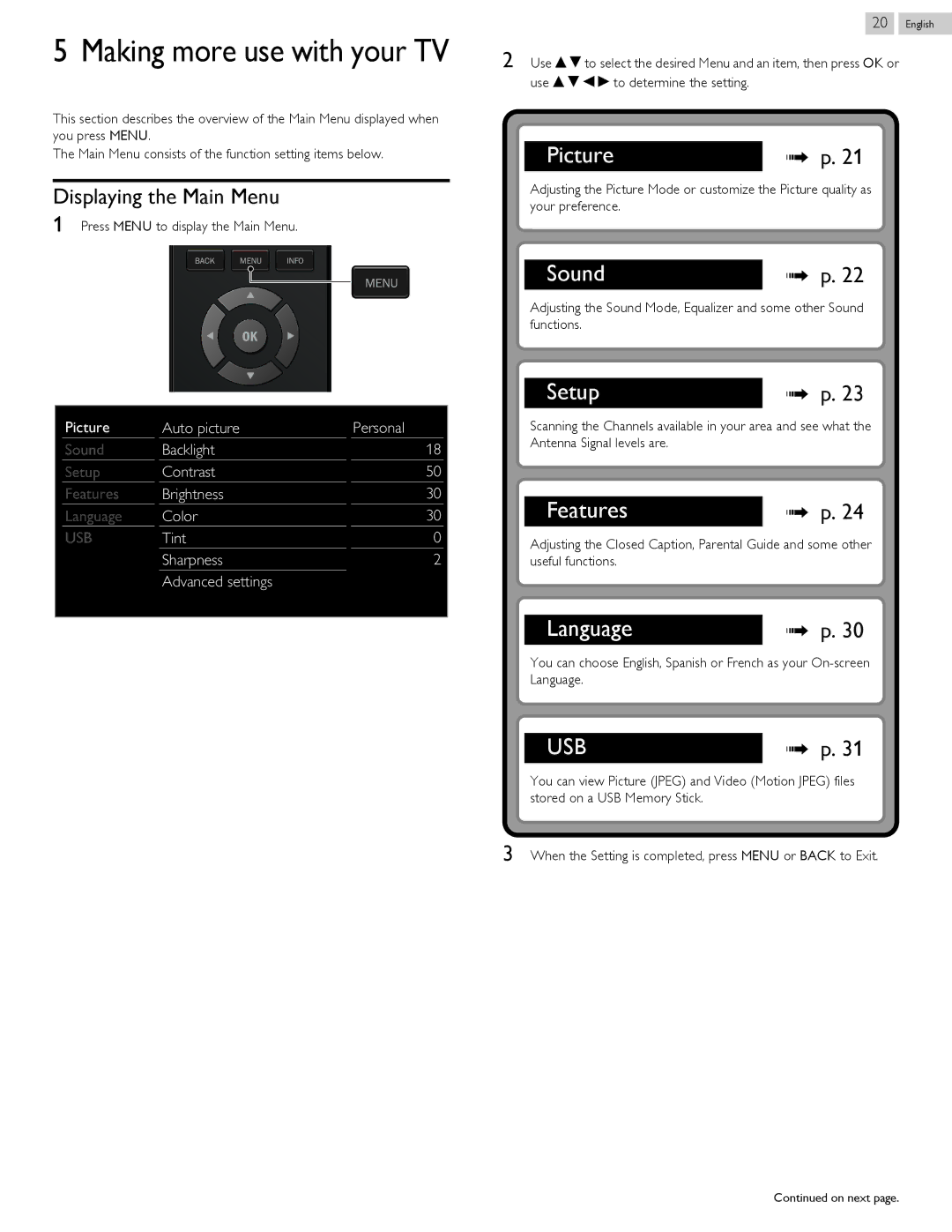 Magnavox 50ME313V/F7 A, 46ME313V/F7 A owner manual Displaying the Main Menu 