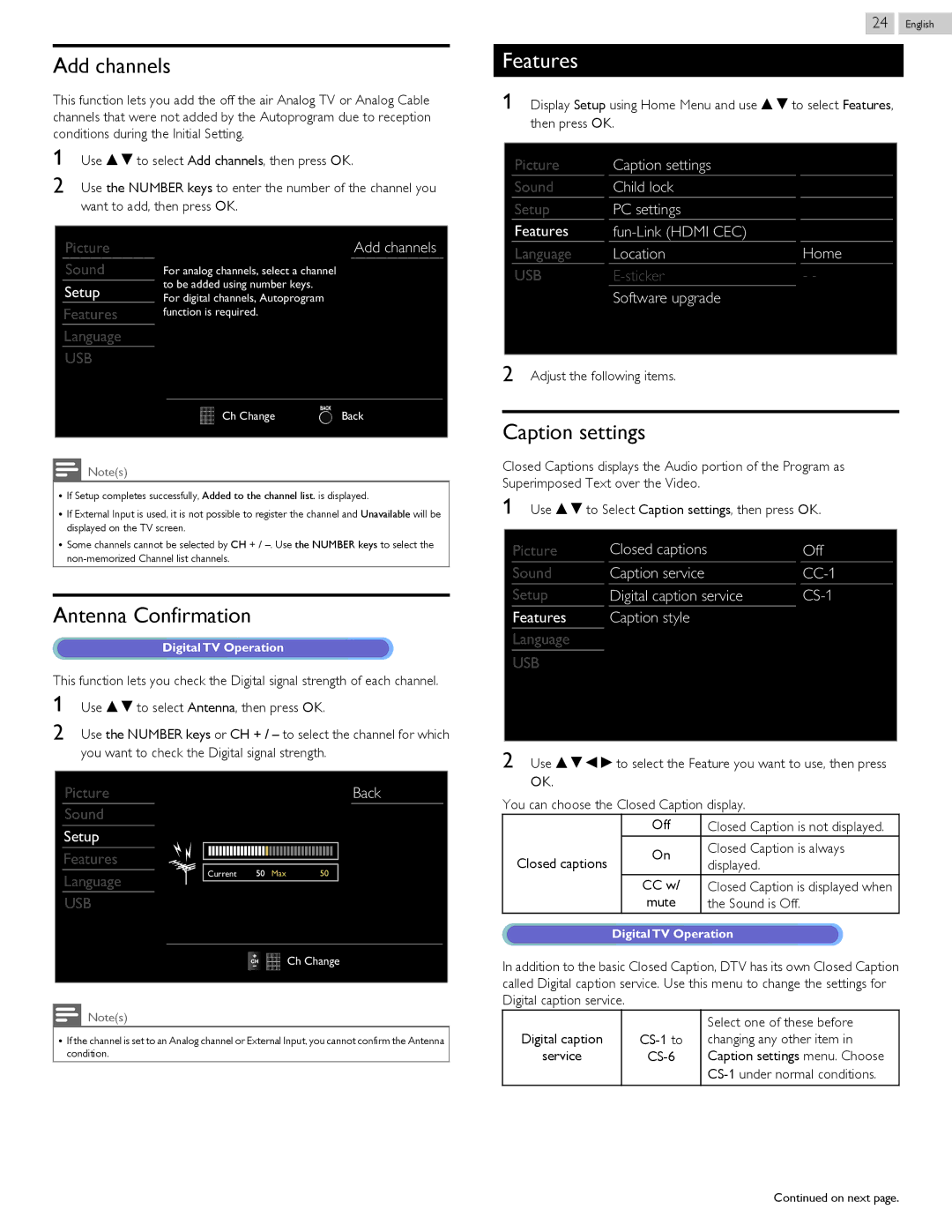 Magnavox 50ME313V/F7 A, 46ME313V/F7 A owner manual Add channels, Antenna Confirmation, Caption settings 