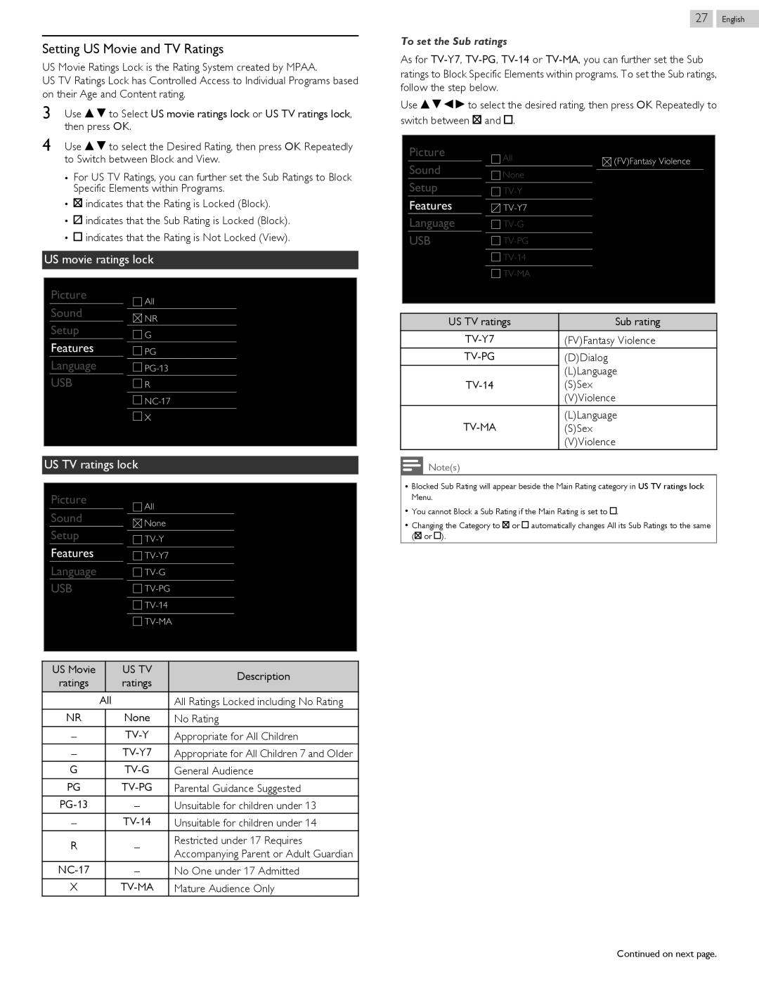 Magnavox 46ME313V/F7 A, 50ME313V/F7 A owner manual Setting US Movie and TV Ratings, Tv-Y, Tv-G, Tv-Ma 