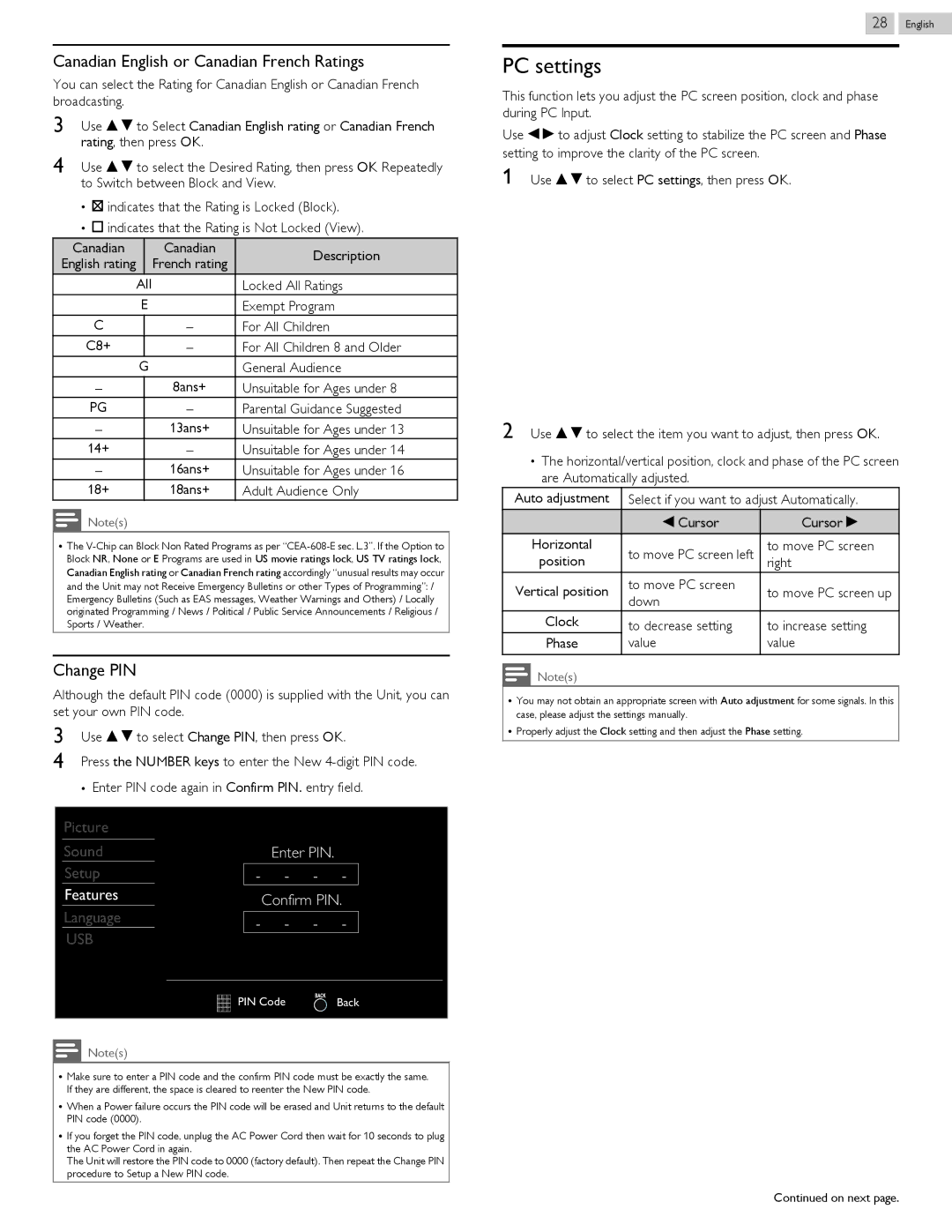 Magnavox 50ME313V/F7 A, 46ME313V/F7 A owner manual PC settings, Canadian English or Canadian French Ratings, Change PIN 