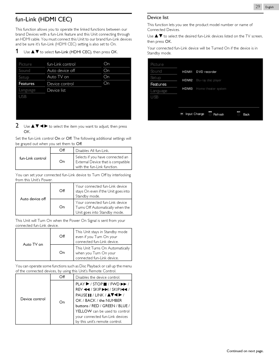 Magnavox 46ME313V/F7 A, 50ME313V/F7 A owner manual Fun-Link Hdmi CEC, Device list 