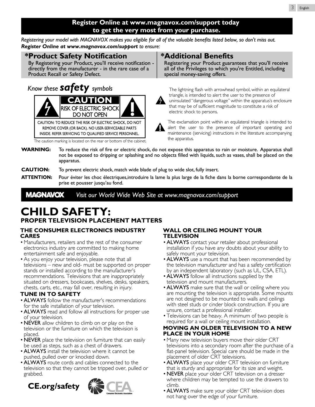 Magnavox 46ME313V/F7 A, 50ME313V/F7 A owner manual Product Safety Notification 