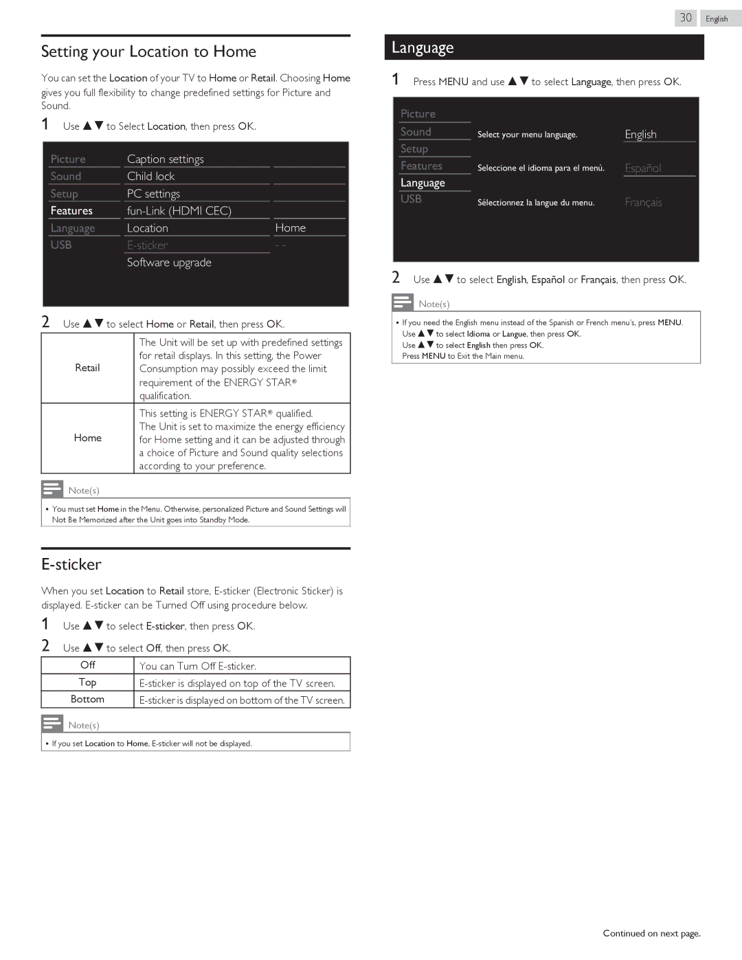 Magnavox 50ME313V/F7 A, 46ME313V/F7 A owner manual Setting your Location to Home, Sticker, Language 