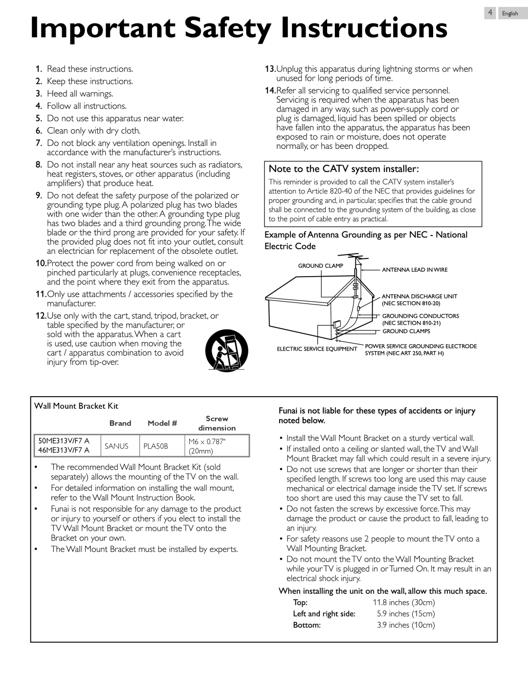 Magnavox 50ME313V/F7 A owner manual Left and right side, Bottom, Sanus PLA50B, M6 x 0.787 20mm, 50ME313V/F7 a 46ME313V/F7 a 