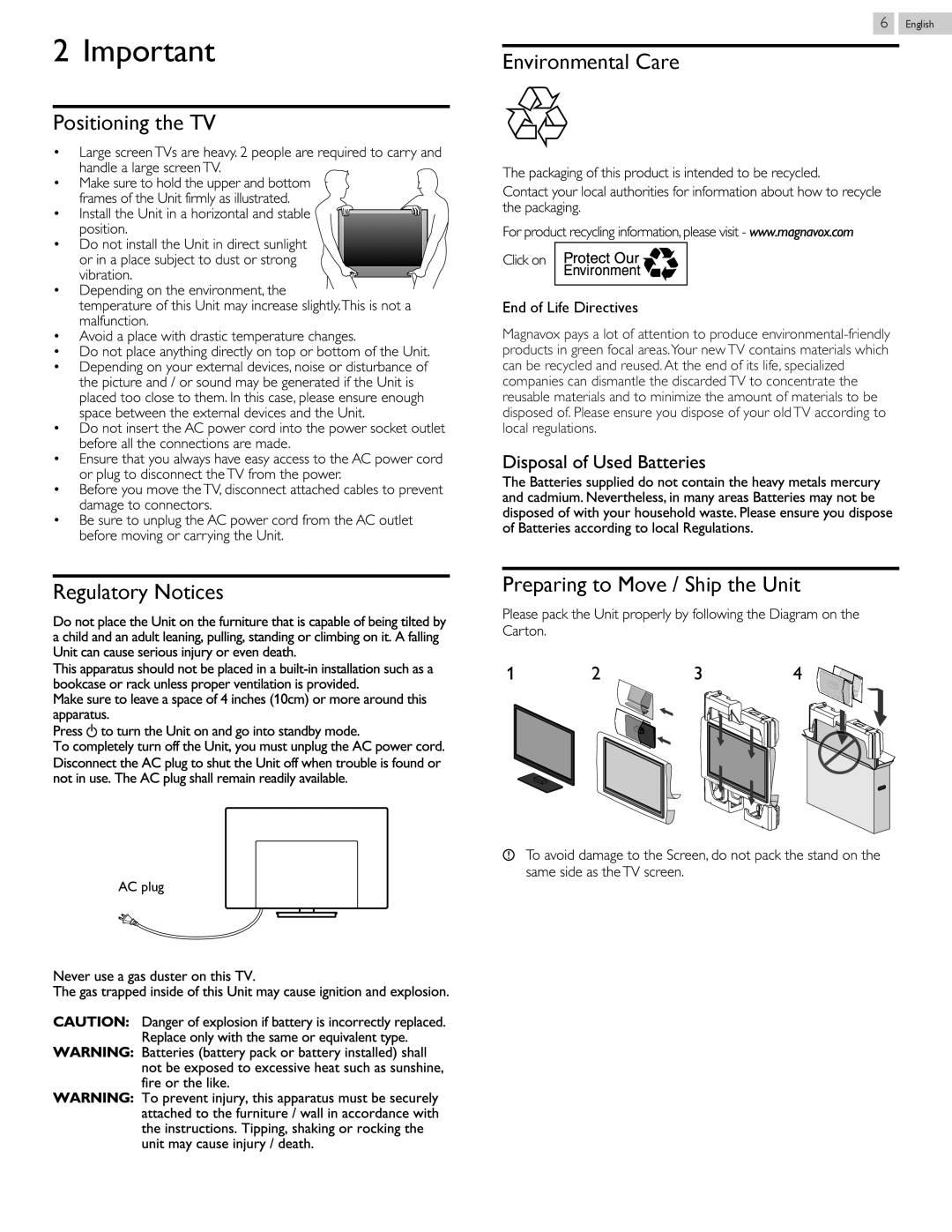 Magnavox 50ME313V/F7 A Positioning the TV Regulatory Notices, Environmental Care, Preparing to Move / Ship the Unit 