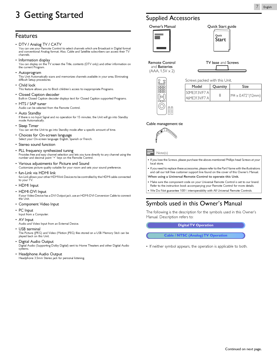 Magnavox 46ME313V/F7 A, 50ME313V/F7 A owner manual Getting Started, Features, Supplied Accessories 