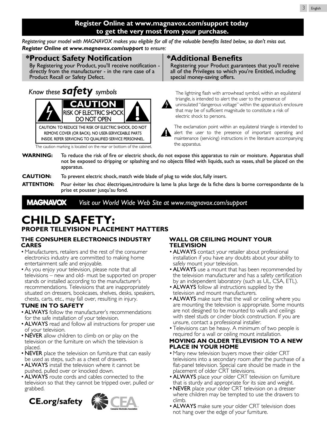 Magnavox 46ME313V/F7 A, 50ME313V/F7 A Product Safety Notification, Additional Benefits, Know these safety symbols 