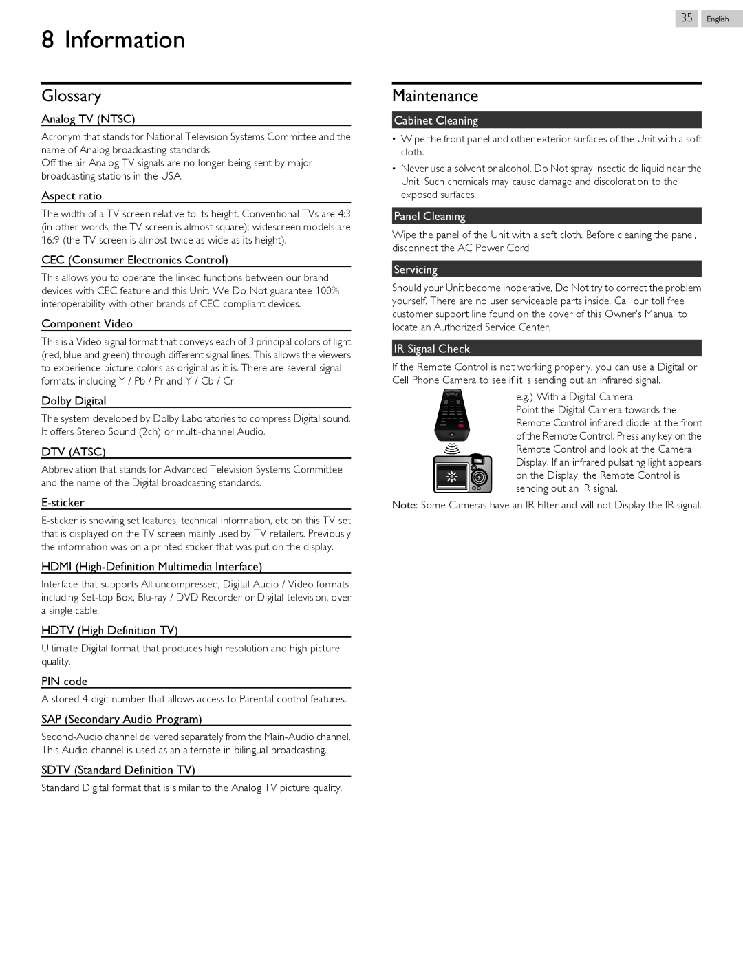 Magnavox 46ME313V/F7 A, 50ME313V/F7 A owner manual Information, Glossary, Maintenance 