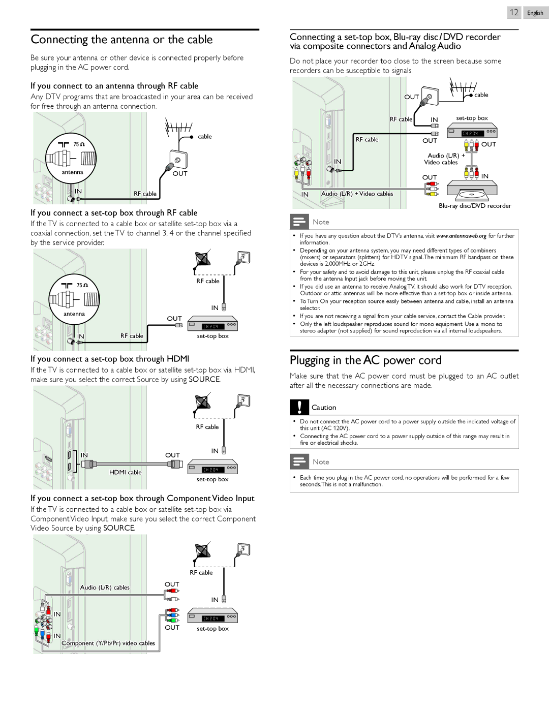 Magnavox 50MF412B, 39MF412B owner manual Connecting the antenna or the cable, Plugging in the AC power cord 