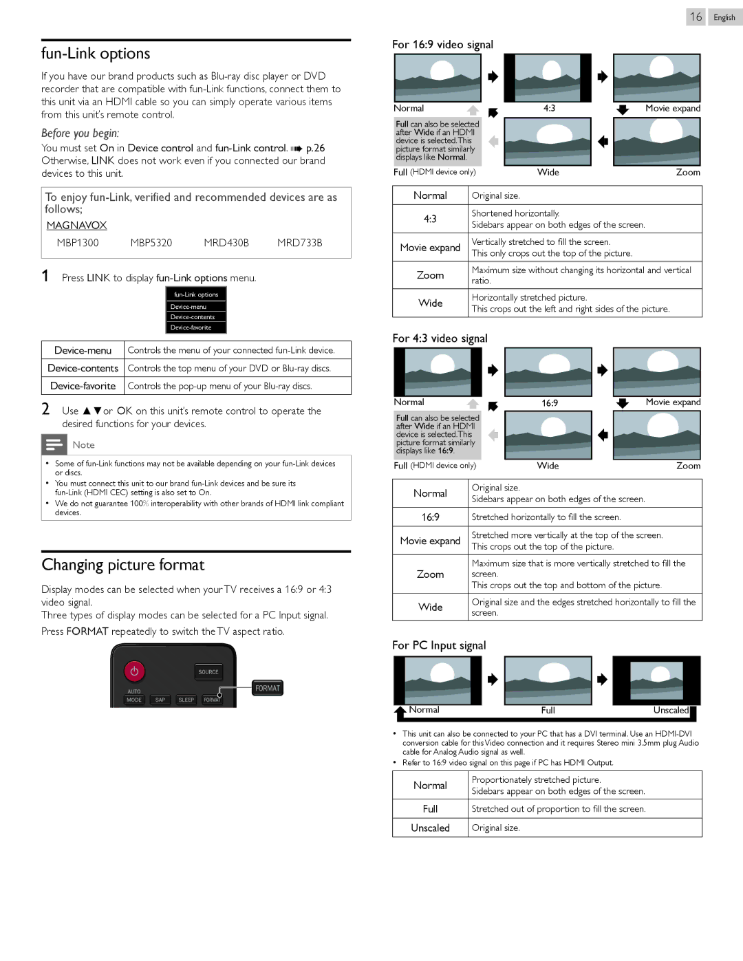 Magnavox 50MF412B, 39MF412B Fun-Link options, Changing picture format, For 169 video signal, For 43 video signal 