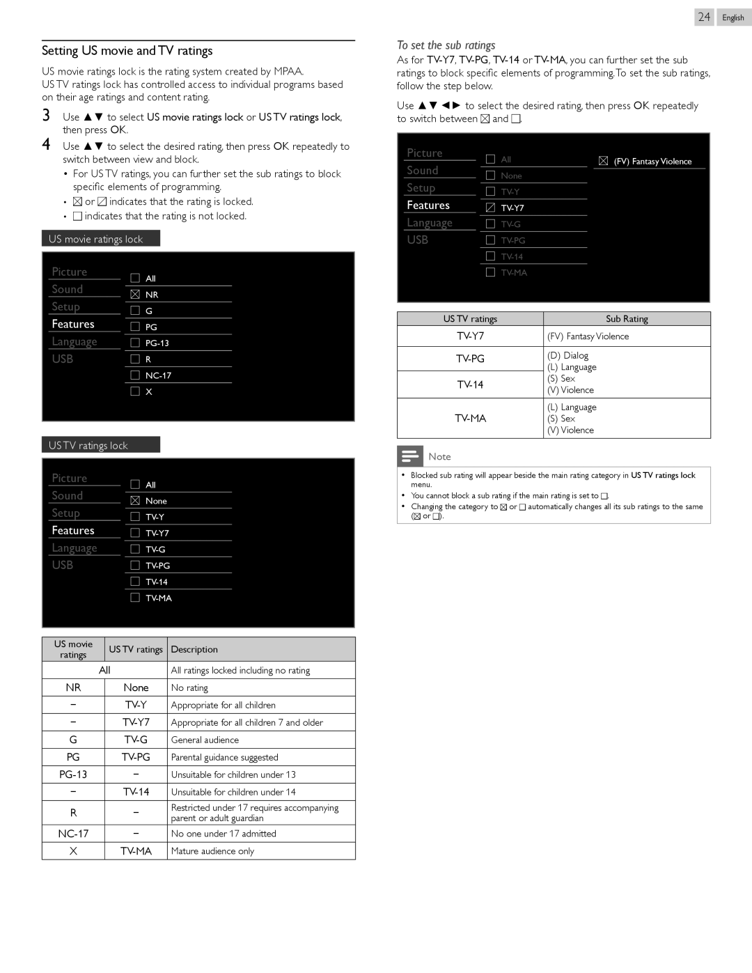 Magnavox 50MF412B, 39MF412B owner manual Setting US movie and TV ratings, TV-14 