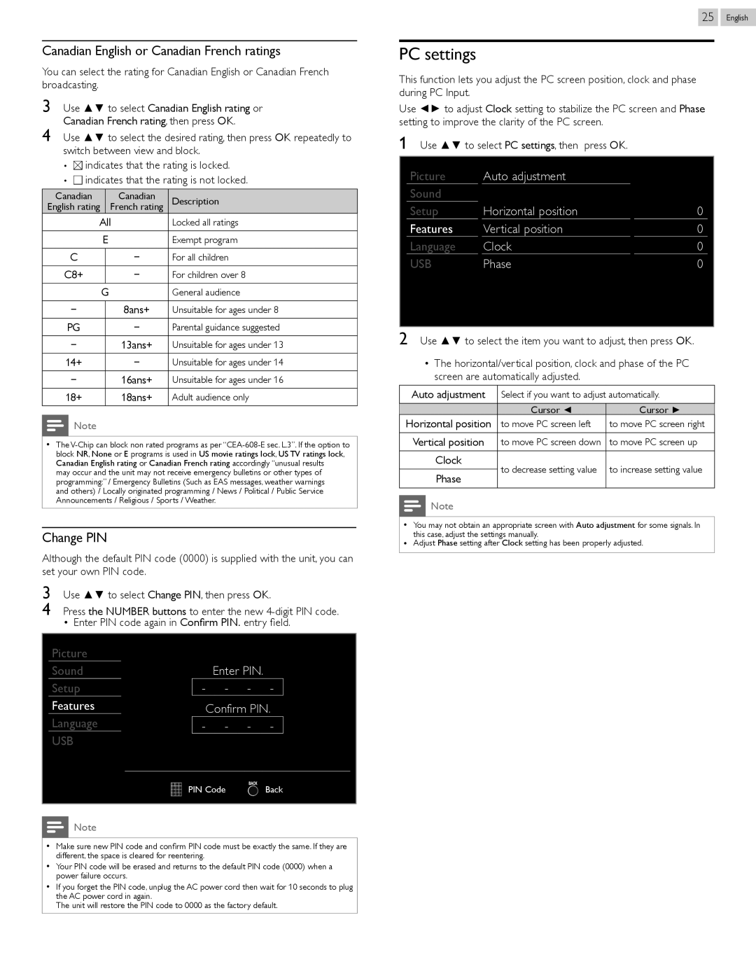 Magnavox 39MF412B, 50MF412B owner manual PC settings, Canadian English or Canadian French ratings, Change PIN 