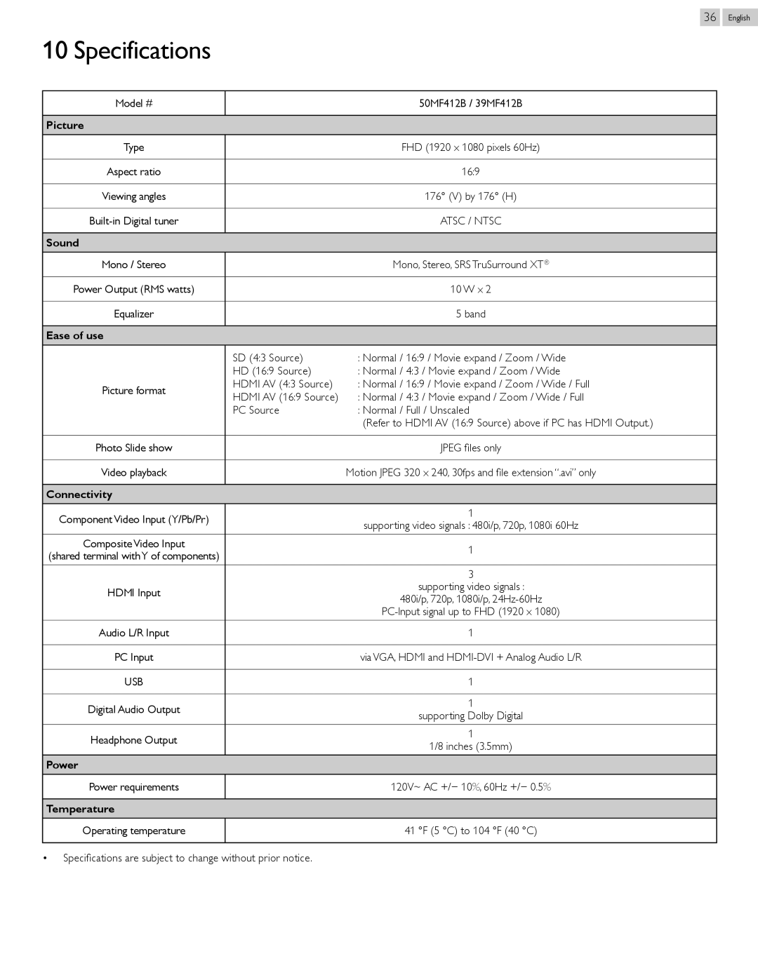 Magnavox owner manual Specifications, Model #, 50MF412B / 39MF412B Type FHD 1920 x 1080 pixels 60Hz 