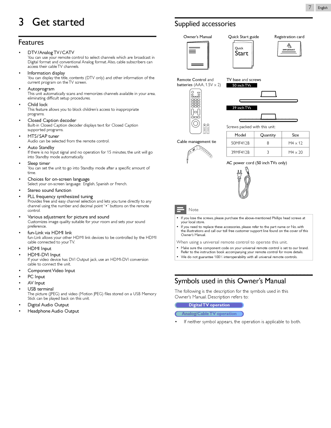 Magnavox 39MF412B, 50MF412B owner manual Get started, Supplied accessories Features 