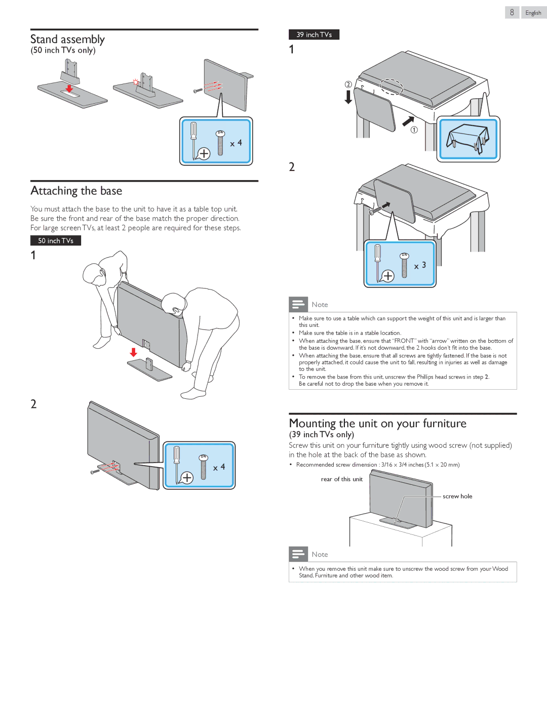 Magnavox 50MF412B, 39MF412B Stand assembly, Attaching the base, Mounting the unit on your furniture, Inch TVs only 