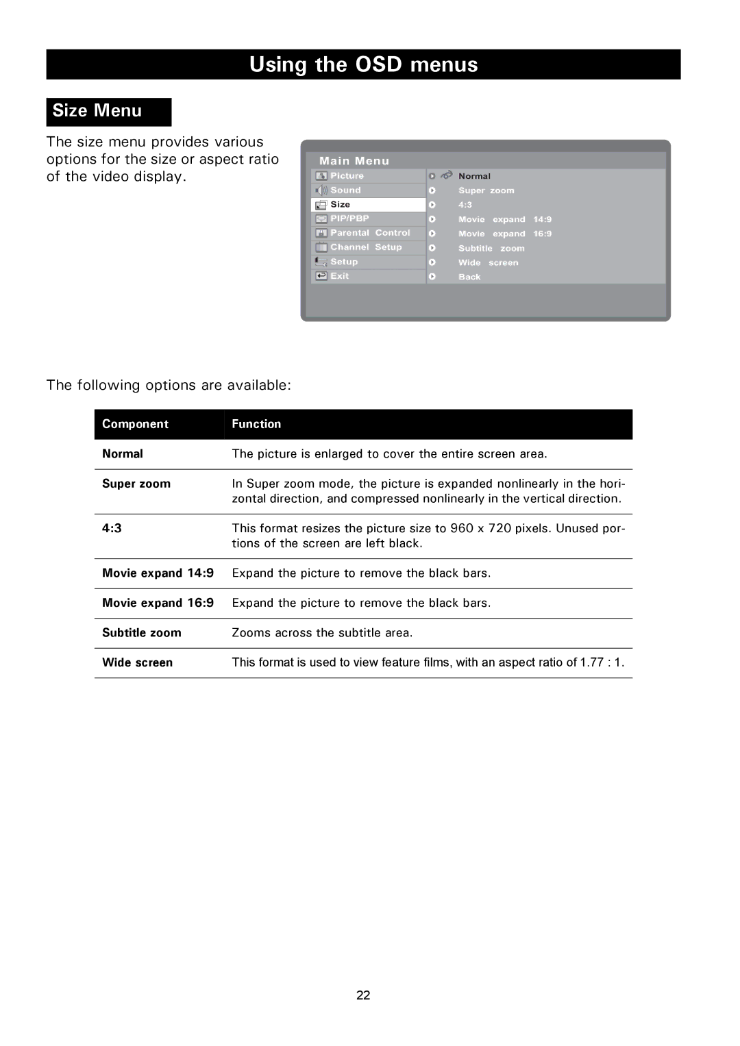 Magnavox 50ML8105D/17 owner manual Size Menu, Normal, Super zoom 