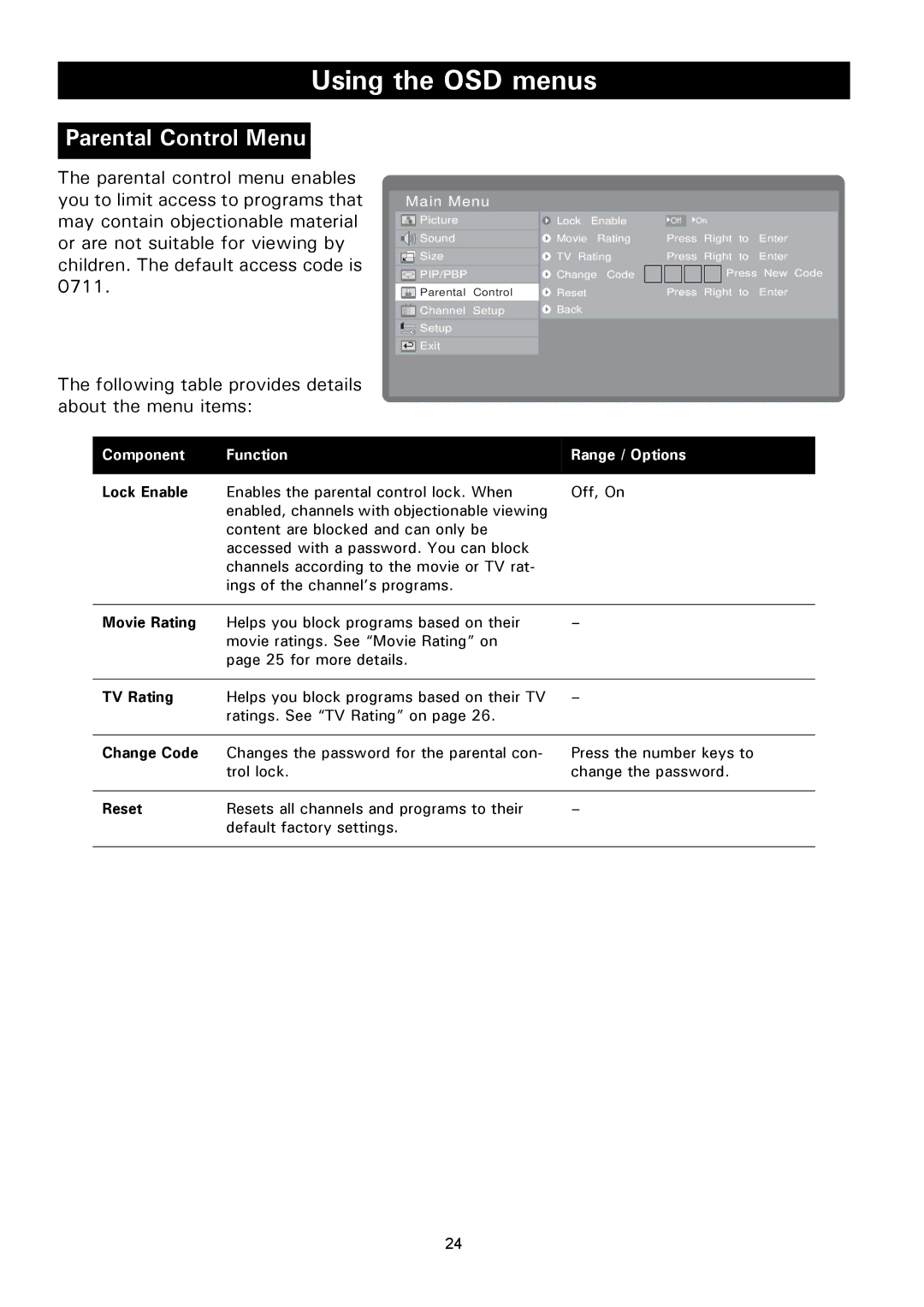 Magnavox 50ML8105D/17 owner manual Parental Control Menu 