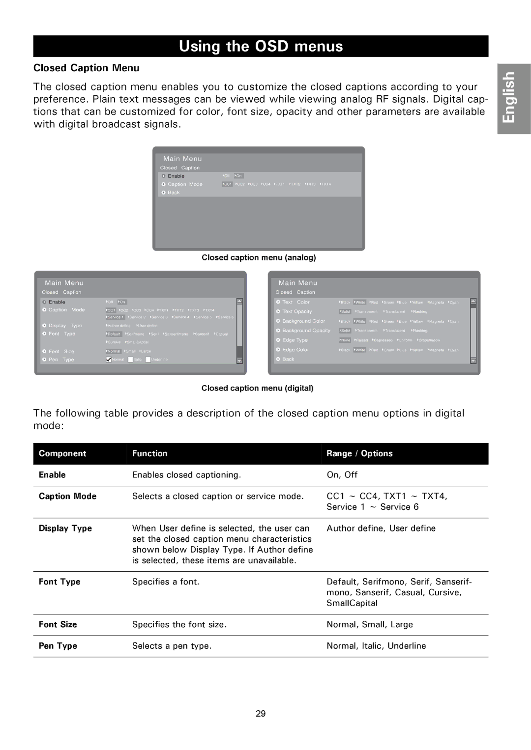 Magnavox 50ML8105D/17 owner manual Enable, Caption Mode, Display Type, Font Type, Font Size, Pen Type 