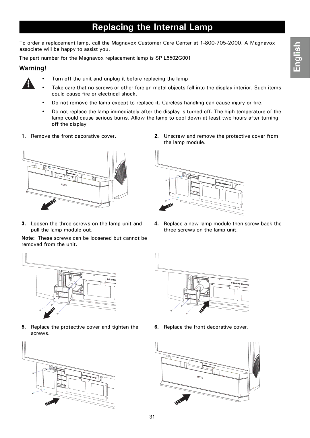 Magnavox 50ML8105D/17 owner manual Replacing the Internal Lamp 